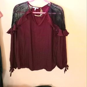Stylish Grap Marroon Ruffle Lacey Black Chocker Blouse.